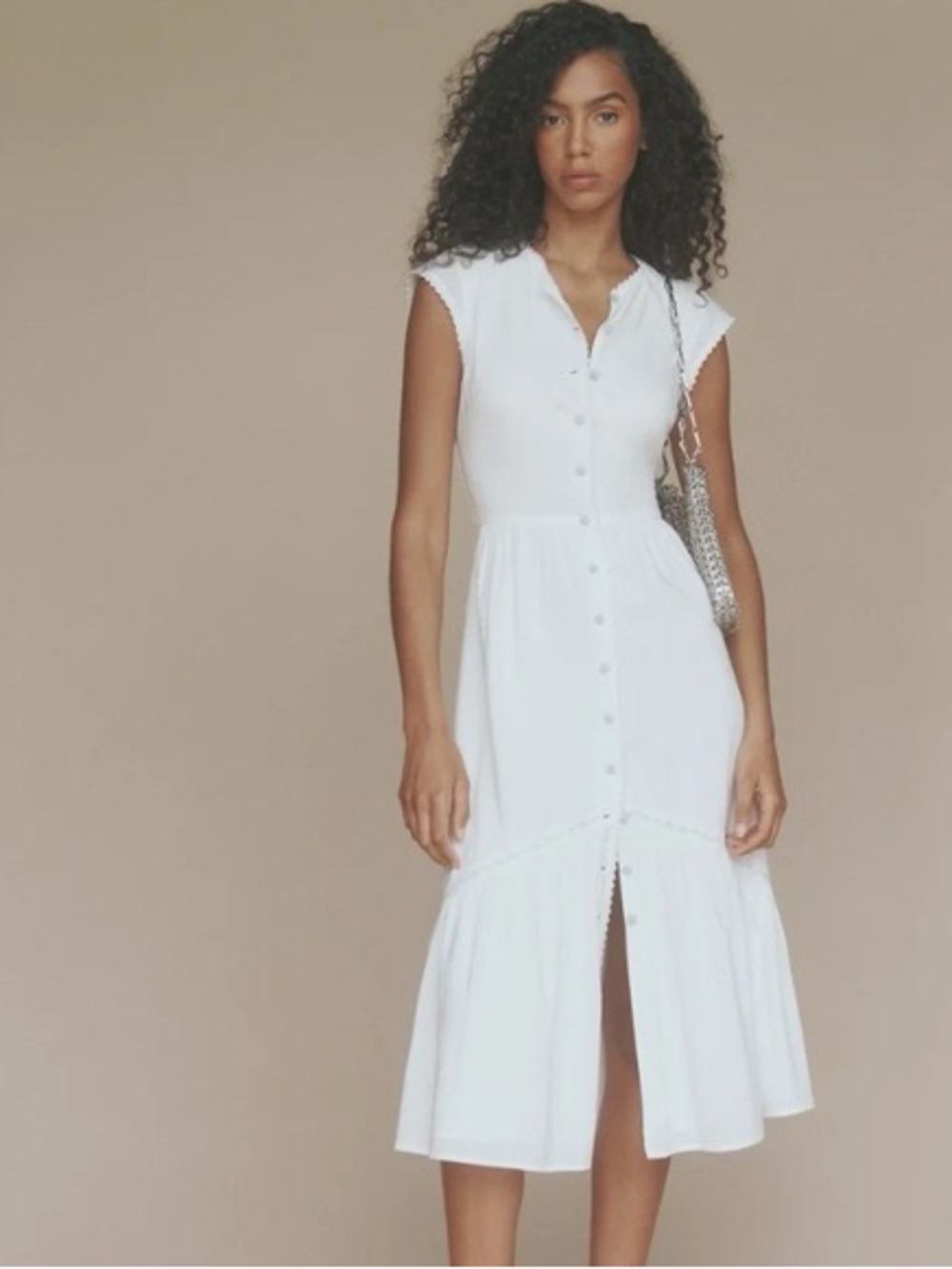 Reformation White Button-Front Midi Dress
